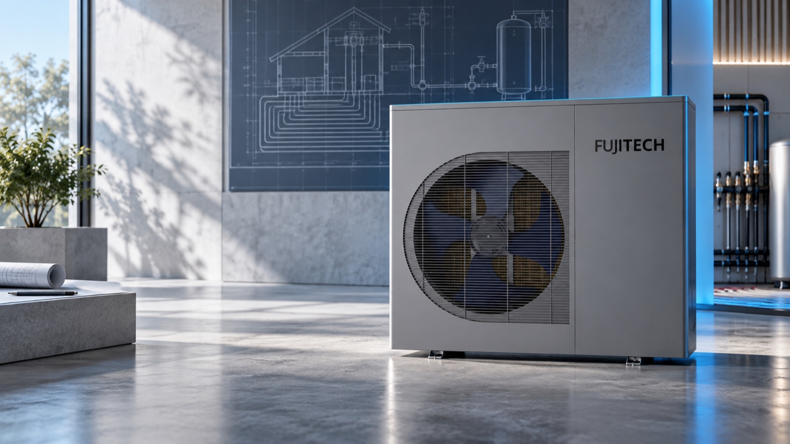 Fujitech ısı pompası ve hidronik proje planlarını bir arada gösteren konsept stüdyo görseli