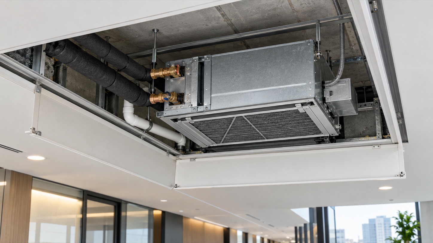 Ticari yapıda tavan tipi fan coil ve yalıtımlı hidronik boru bağlantısı