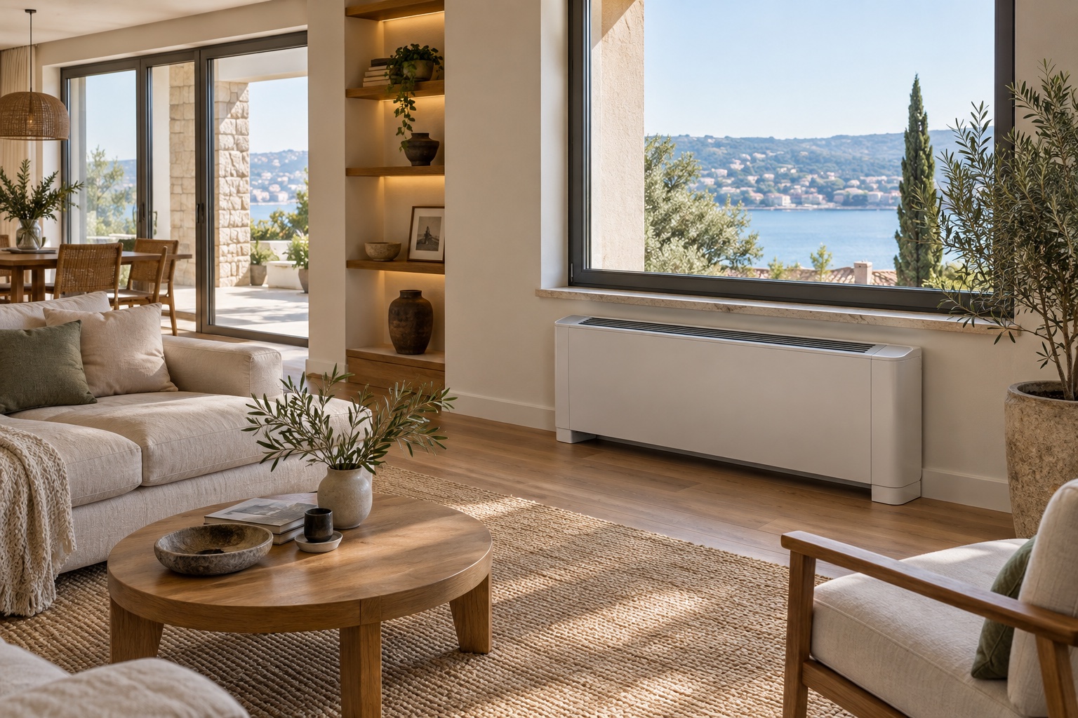 Modern yaşam alanında hidronik fan coil ve ısı pompası sisteminin temsili görünümü
