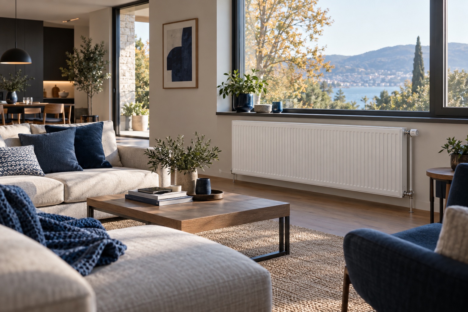 Modern bir salonda panel radyatör kullanılan radyatörlü ısı pompası sisteminin temsili görünümü